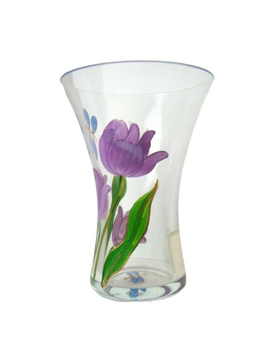 Flower Vase 10 in Tulip and Dragonfly Stained Glass Custom  Lenox Glass Vase Tulips Floral Dragonfly Hand Painted Artist Signed